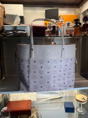 MCM Pale Pink Logo-Print Leather & Canvas Tote